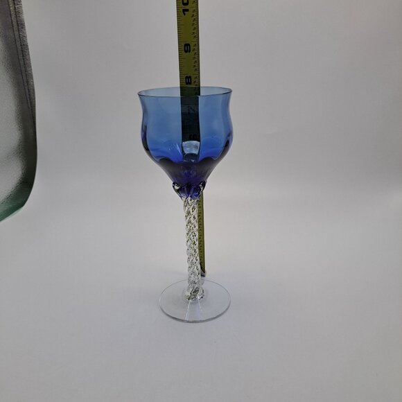 Vintage Blue Glass Goblet With Twisted Clear Stem - Picture 5 of 6